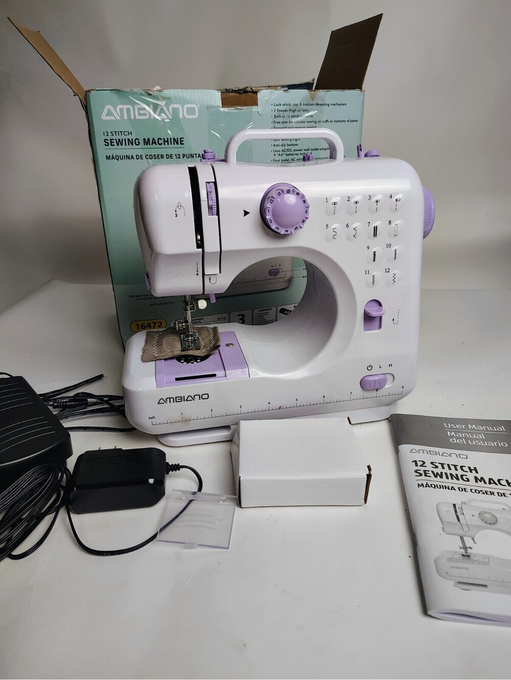 Ambiano 12 Stitch Sewing Machine Portable Compact Kit 16472 White Purple